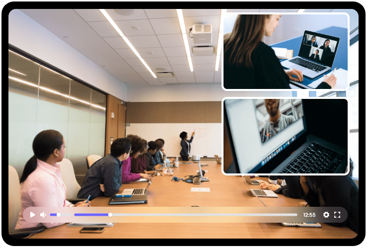 A boardroom all-hands streaming to remote staff, with inset laptops showing colleagues joining the same broadcast from elsewhere