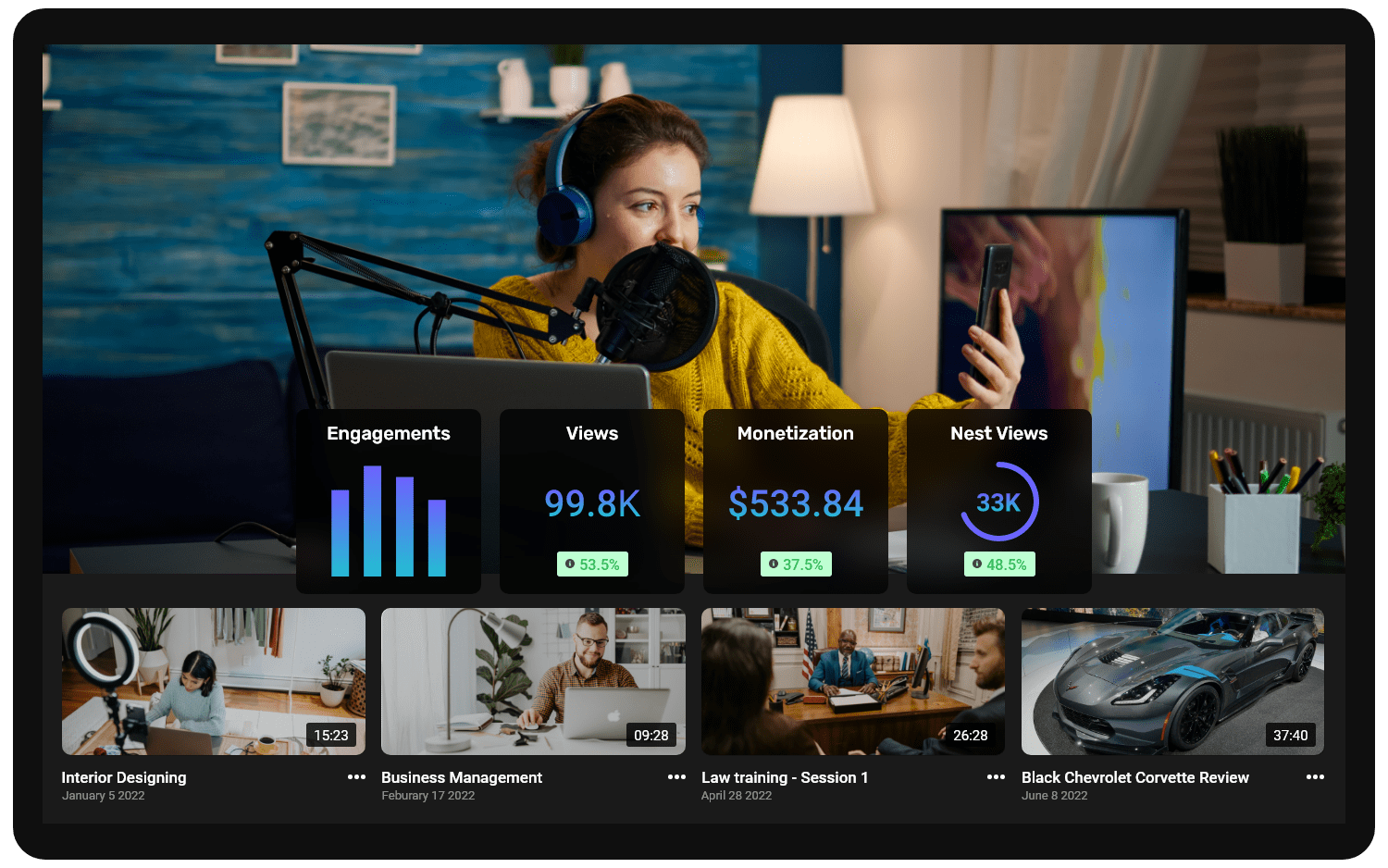 The CastNest dashboard over a live broadcast, showing engagement, views, monetization revenue and Nest view figures above a library of recorded videos