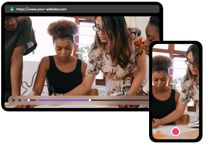 A marketing video embedded on a company's own website, shown side by side in desktop and mobile layouts