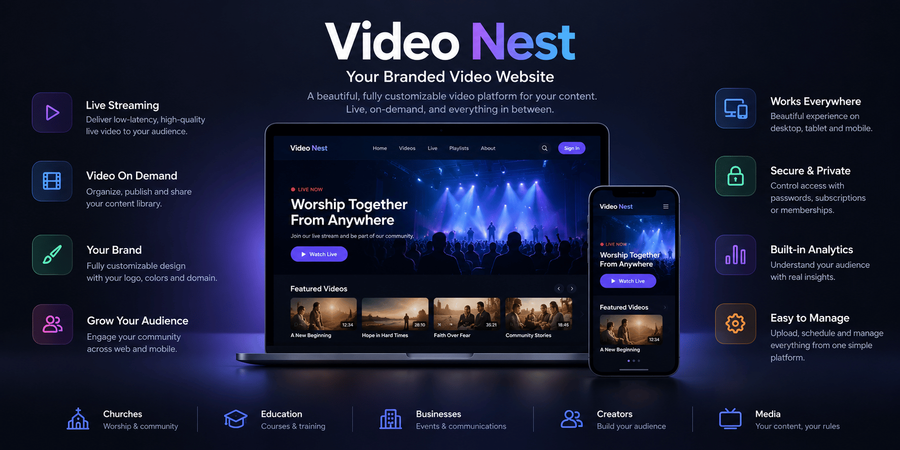 Video Nest branded video website preview