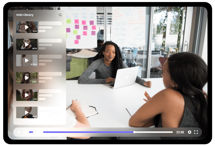 A sales conversation playing in the CastNest player, with a searchable VOD library of recorded demos listed down the side