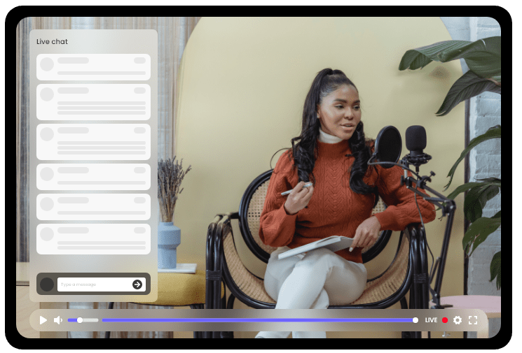 A presenter recording at a studio microphone, streaming live in the CastNest player with an audience chat panel open alongside