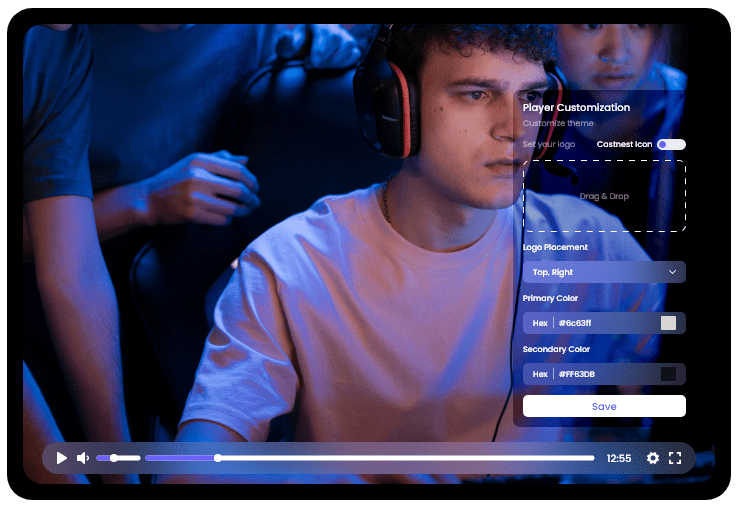 The CastNest player customization panel open over a live stream, setting a logo, its placement and primary and secondary brand colors
