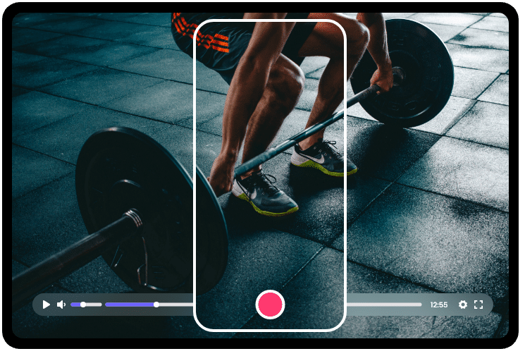 A weightlifting session streaming in the CastNest player, with a vertical mobile crop showing the same class on a phone