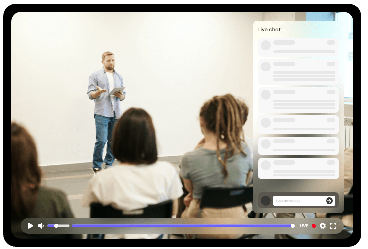 A conference session streaming in the CastNest player, a speaker presenting to a seated audience with a live chat panel open beside the video