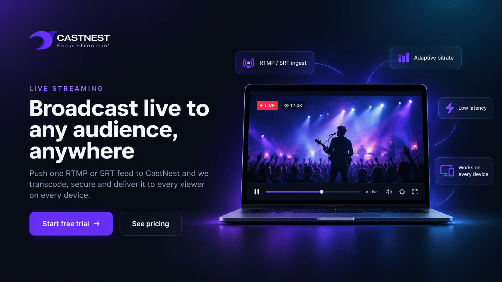 Three panels showing the broadcast workflow: filming a concert on a phone labeled Create, a live crowd labeled Go Live, and a performer labeled Publish