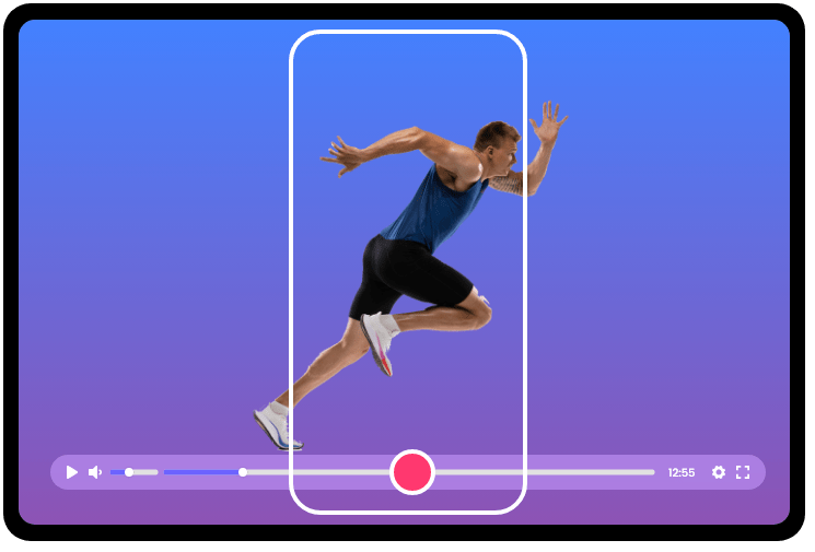 A sprinter mid-stride playing in the CastNest player, with a vertical mobile crop overlaid to show the same match feed on phones